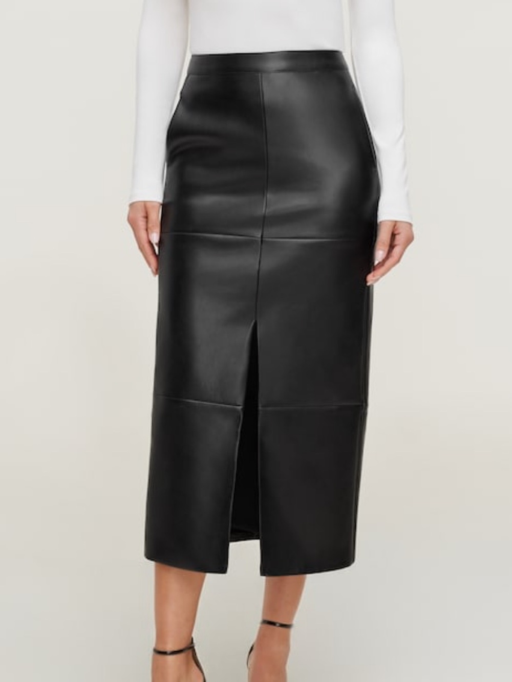 Dynamite Black Faux Leather Midi Pencil Skirt with Center Slit